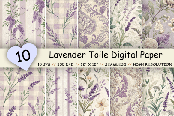 Lavender Toile Digital Paper Pack: Vintage Floral & Seamless Patterns